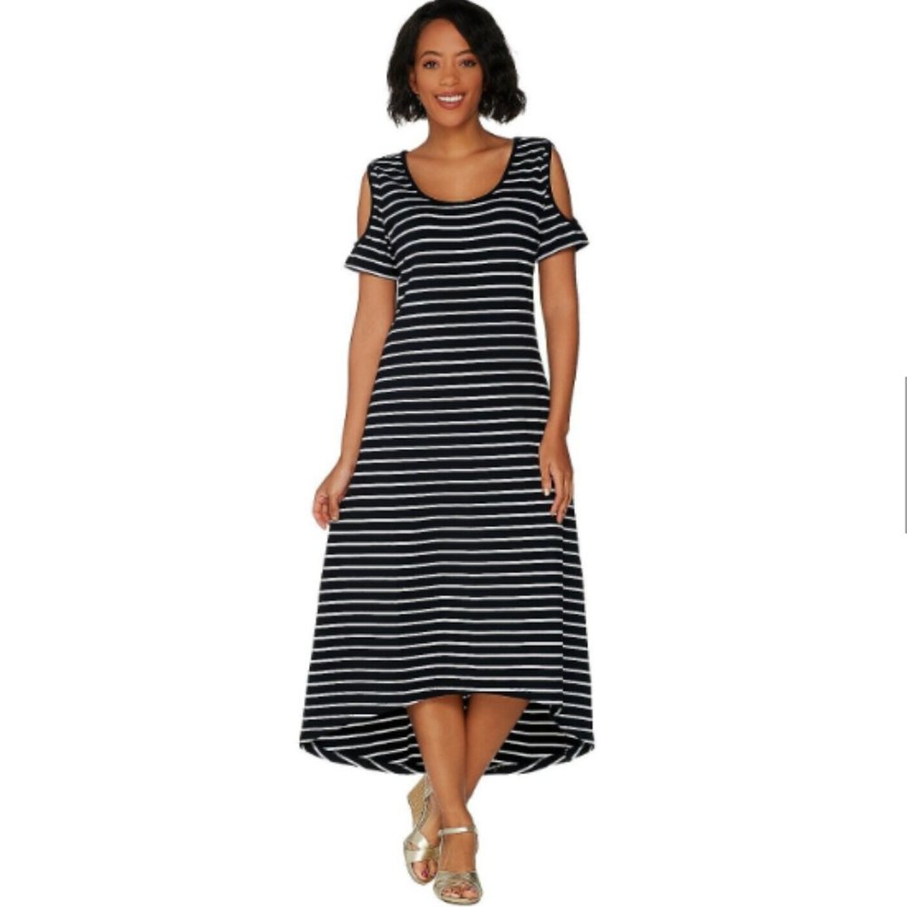 NWOT Isaac Mizrahi Live! Lg Blue/White Striped Cold Shoulder Maxi Dress Hi - Low